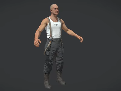 Muscular Bald Man 3D Model In White Tank Top With Suspenders Dark Pants And Boots 3d model