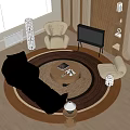 Black Curved Leather Sofa and Round Wooden Coffee Table with Magazines on Top