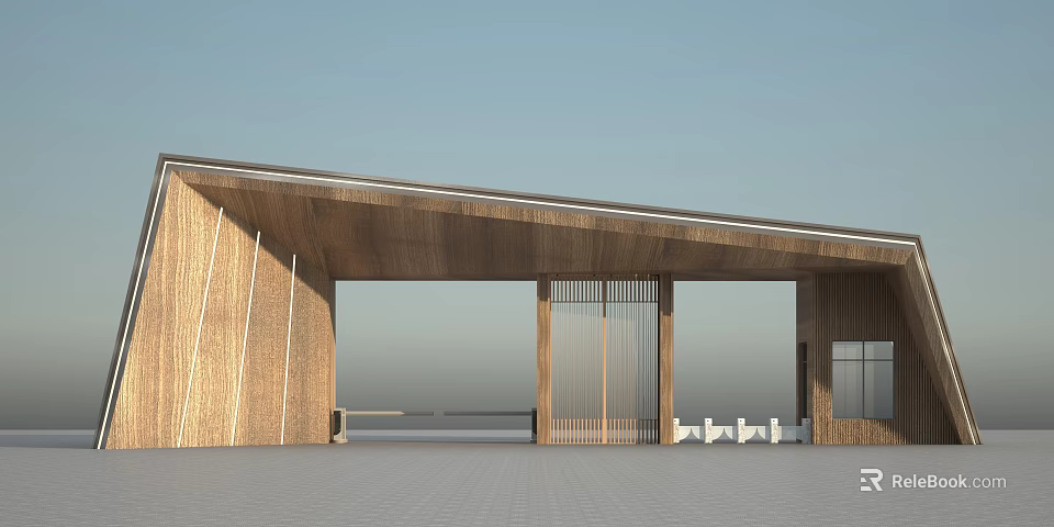 Modern Wooden Entrance Gate Design With Sloped Roof And Glass Elements 3d model 