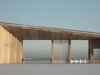 Modern Wooden Entrance Gate Design With Sloped Roof And Glass Elements 3d model