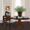 Elegant Interior With Round Wooden Table And Chair Set Books And Potted Plant