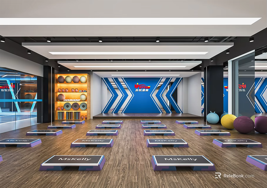 Bright Fitness Studio With Step Platforms Wooden Floor Blue X Logo And Fitness Balls 3d model 