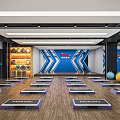 Bright Fitness Studio With Step Platforms Wooden Floor Blue X Logo And Fitness Balls