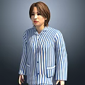 Woman in Casual Blue and White Striped Pajamas Full Body Portrait View