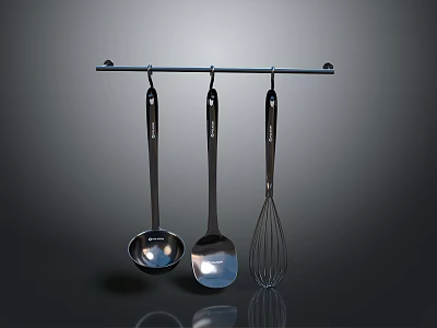 Stainless Steel Kitchen Utensils Hanging On Metal Rod For Cooking Use 3d model
