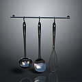Stainless Steel Kitchen Utensils Hanging On Metal Rod For Cooking Use