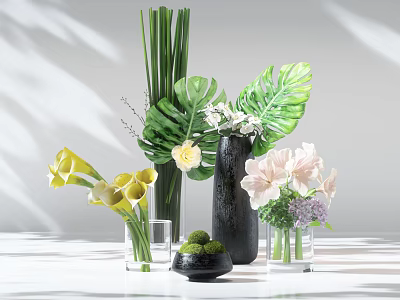 Elegant Glass And Black Vases With Tropical Leaves Calla Lilies And Pink Flowers 3d model