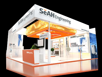 SeAH Engineering Exhibition Booth Modern White Orange Structure With Glass Walls Reception Desk 3d model