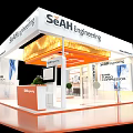 SeAH Engineering Exhibition Booth Modern White Orange Structure With Glass Walls Reception Desk