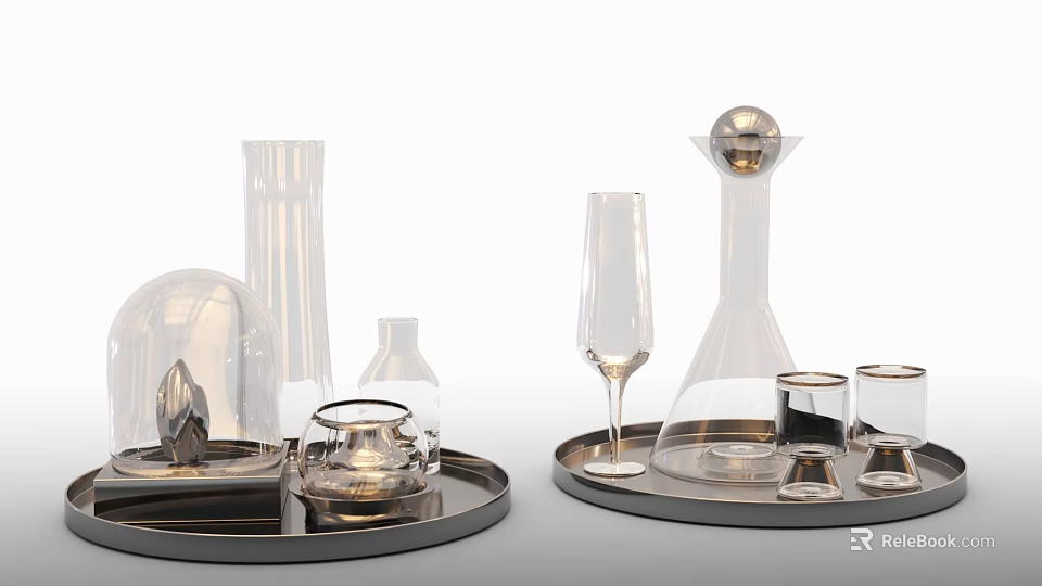 Elegant Ceramic Vessels With Various Shapes Displayed On Metal Trays 3d model 