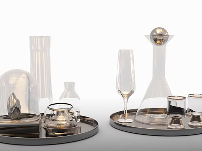 Elegant Ceramic Vessels With Various Shapes Displayed On Metal Trays 3d model