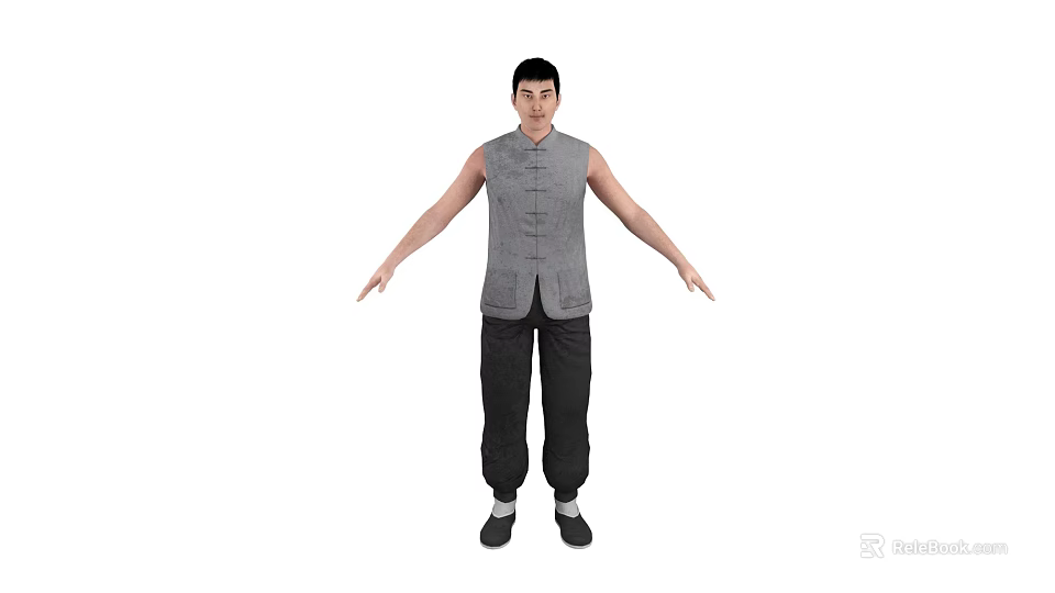 Man Wearing Gray Sleeveless Traditional Chinese Jacket And Black Pants Standing With Arms Extended 3d model 