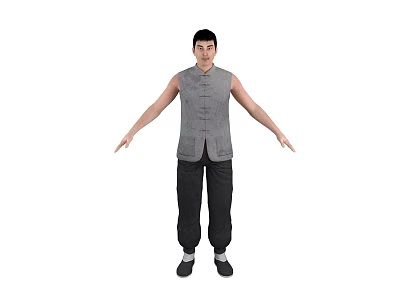 Man Wearing Gray Sleeveless Traditional Chinese Jacket And Black Pants Standing With Arms Extended 3d model