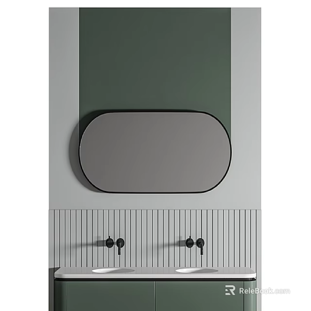 Modern Bathroom Sink With Oval Mirror Green Wall Double Faucets And Striped Design 3d model 