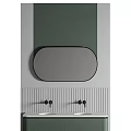 Modern Bathroom Sink With Oval Mirror Green Wall Double Faucets And Striped Design