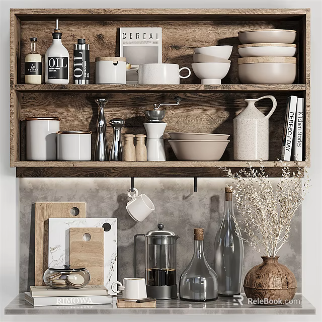 Elegant Kitchen Shelf Display With Various Kitchenware Bowls Mugs Bottles And Cutting Boards 3d model 