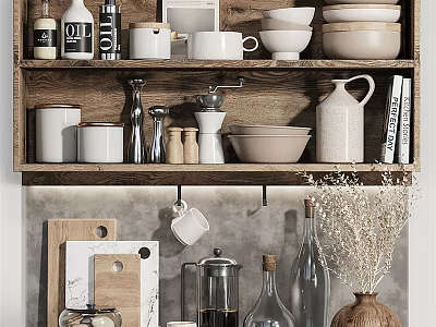 Elegant Kitchen Shelf Display With Various Kitchenware Bowls Mugs Bottles And Cutting Boards 3d model