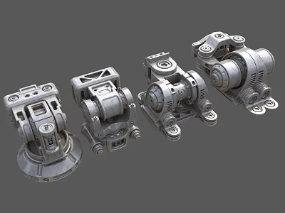 Four Metal Mechanical Components With Bolts Brackets And Mounting Bases 3d model