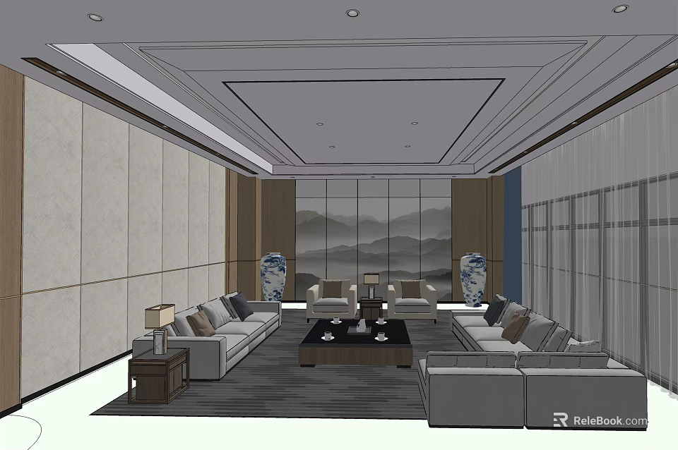 Elegant Hotel Public Lounge With Comfortable Sofas Coffee Table And Decorative Vases 3d model