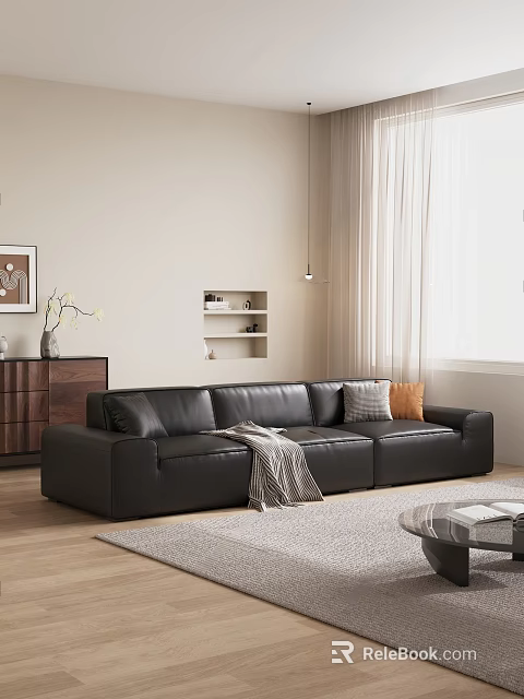 Modern Living Room Interior With Black Leather Sofa Throw Pillows Wooden Cabinet And Wall Art 3d model 