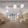 School Indoor Common Area With Wooden Benches Large Windows Pink White Hanging Lights