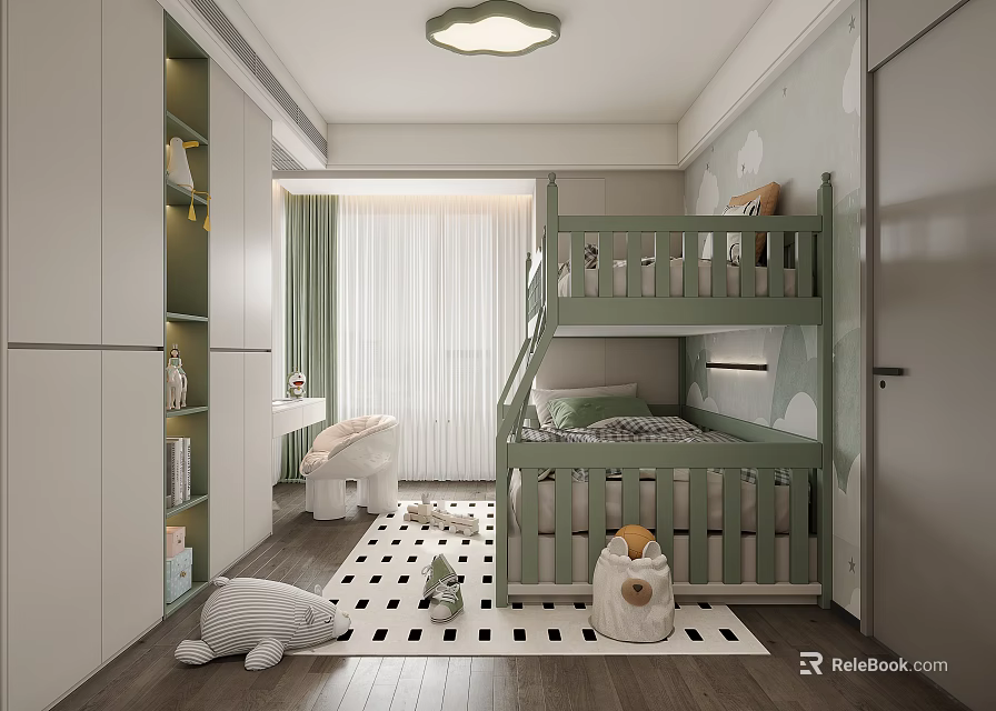 Bright Kids Room With Green Bunk Bed Checkerboard Rug Stuffed Toys And Built In Storage 3d model 