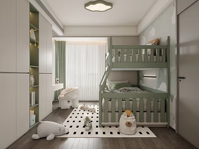 Bright Kids Room With Green Bunk Bed Checkerboard Rug Stuffed Toys And Built In Storage 3d model