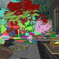 Japanese Style Garden With Orange Maple Tree Wooden Bridge And Stone Path Greenery