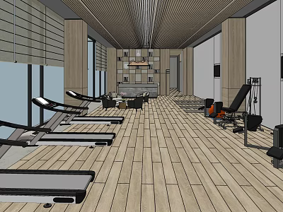 Modern Fitness Gym Interior With Wooden Flooring Treadmills And Training Equipment 3d model