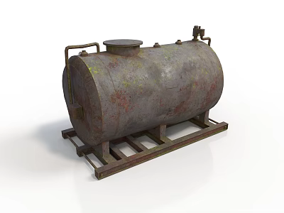Vintage Rusty Oil Tank with Weathered Surface on Industrial Metal Stand 3d model