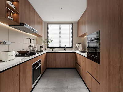 Modern Kitchen Interior With Wooden Cabinets White Countertops Appliances Window And Potted Plant 3d model