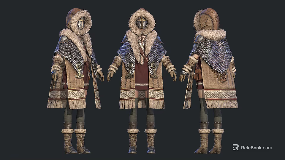 Woman In Traditional Fur Trimmed Armor Robe With Detailed Boots And Ornaments 3d model 