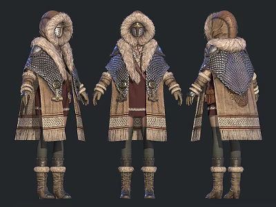 Woman In Traditional Fur Trimmed Armor Robe With Detailed Boots And Ornaments 3d model