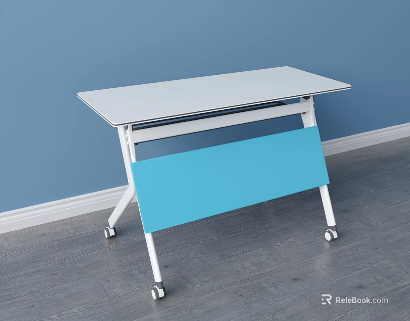 White Tabletop Desk With Blue Panel Sturdy White Frame And Wheels On Gray Floor 3d model 