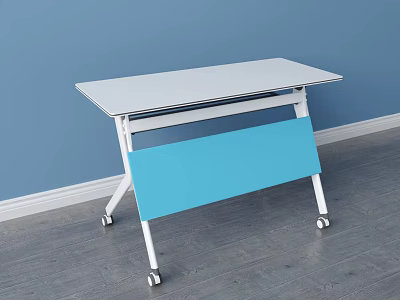 White Tabletop Desk With Blue Panel Sturdy White Frame And Wheels On Gray Floor 3d model