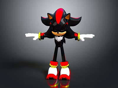 3D Black Hedgehog Character Model With Red Stripes White Gloves And Red Yellow Shoes In Standing Pose 3d model