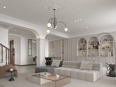 Elegant Modern Living and Dining Area With Sofa Coffee Table and Chandelier 3d model