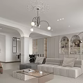 Elegant Modern Living and Dining Area With Sofa Coffee Table and Chandelier
