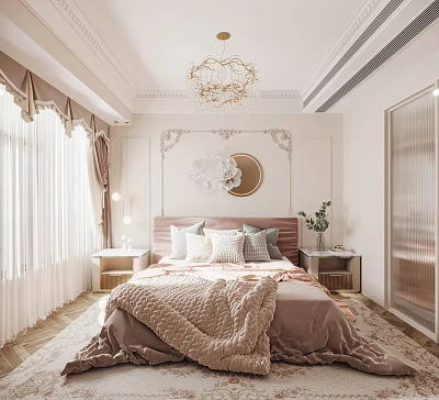 Elegant Modern Bedroom Interior With Chandelier Decorative Wall Curtains Bed Pillows And Bedside Lamp Plant 3d model