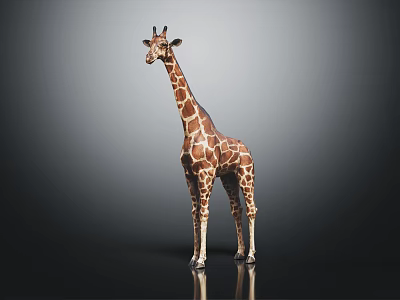 Giraffe With Long Neck And Spotted Coat Standing Against Dark Background With Reflection 3d model