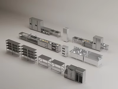 Stainless Steel Commercial Kitchen Equipment With Shelves Counters Refrigerators And Sinks 3d model