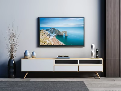 Modern White and Wood TV Stand Displaying Seaside View TV with Decorative Vase and Sculpture 3d model