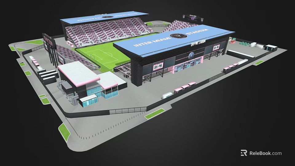 Modern Football Stadium With Blue Roof Seating Stands And Green Football Pitch 3d model 