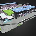 Modern Football Stadium With Blue Roof Seating Stands And Green Football Pitch