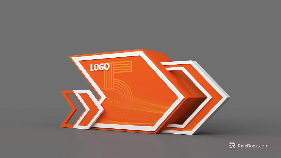 Modern Orange Exhibition Reception Desk Featuring Geometric Design White Borders And Arrow Elements 3d model 