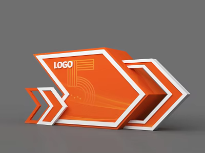 Modern Orange Exhibition Reception Desk Featuring Geometric Design White Borders And Arrow Elements 3d model