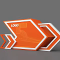 Modern Orange Exhibition Reception Desk Featuring Geometric Design White Borders And Arrow Elements