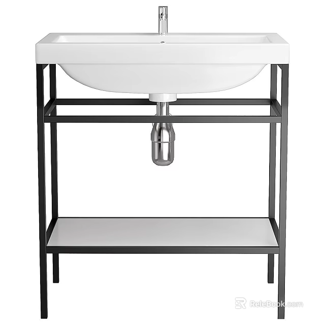 Contemporary White Washbasin with Black Metal Stand and White Lower Shelf 3d model 