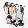 Various Clothes on Hanger with Different Styles and Accessories Like Bags Shoes Hats