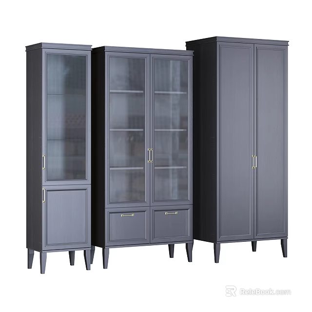 Set Of Three Modern Grey Display Shelves With Glass Doors Drawers And Slim Legs 3d model 